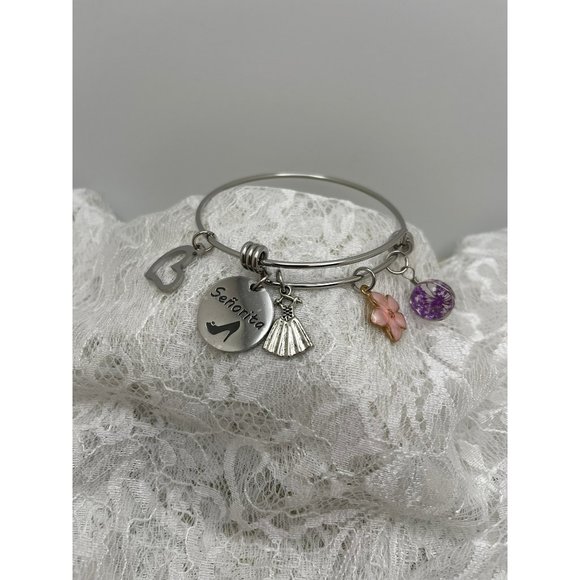 5-Charm Silver Tone Spring Bracelet - Charms: Flowers, Senorita, Fashion Dress, - Picture 1 of 8